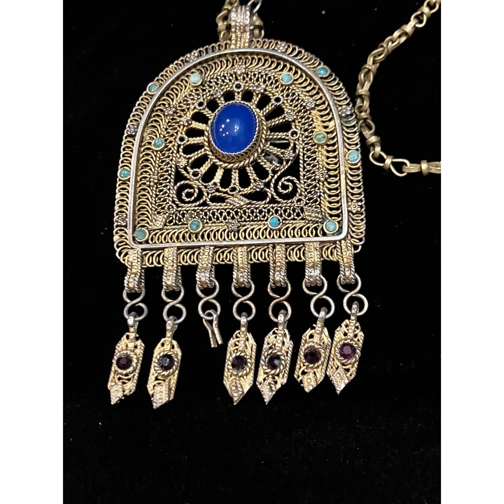 Vtg Yemenite Israel Jerusalem Filigree Gate of Zion Blue Ruby Necklace Pin